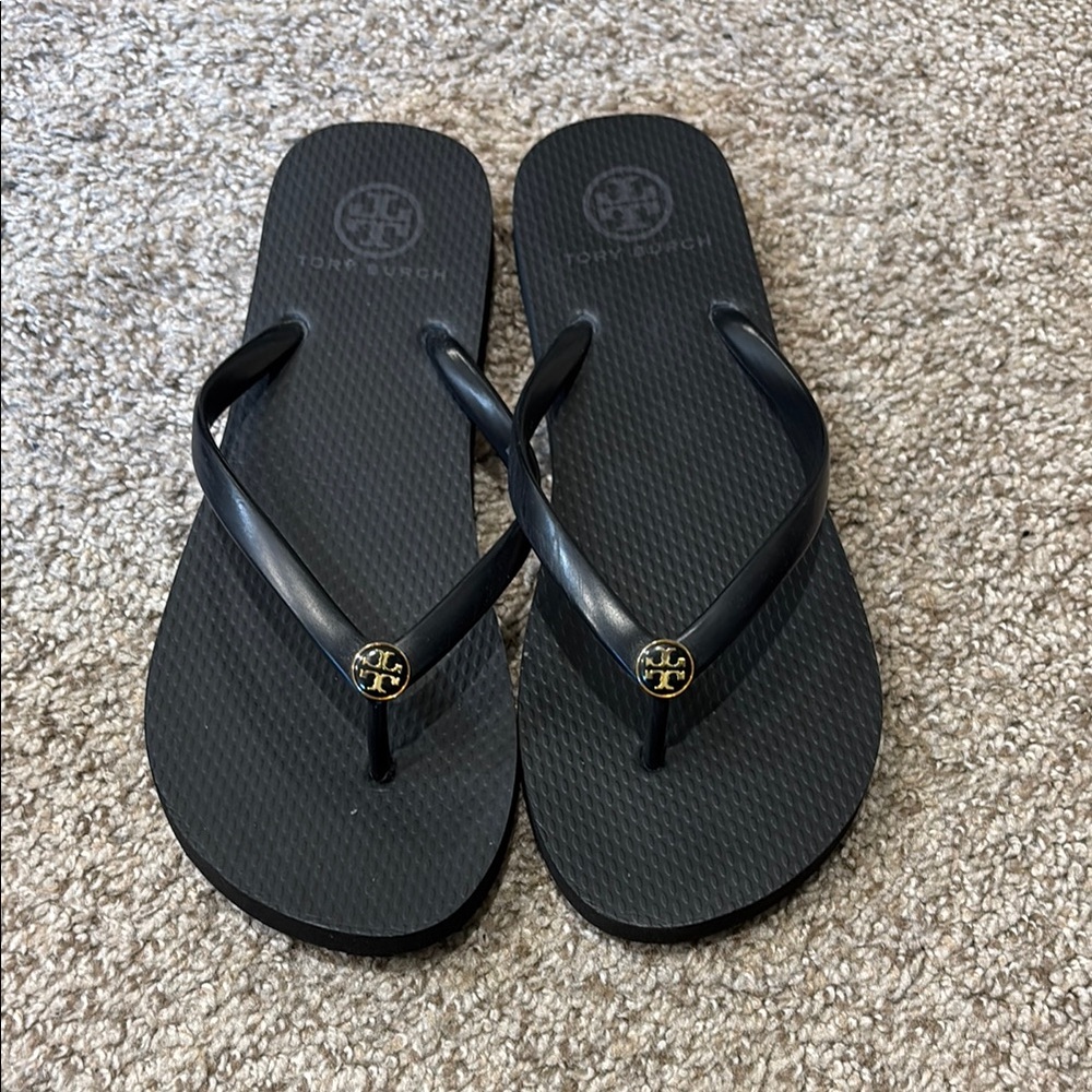 Tory Burch Black Sandals with Gold Logo